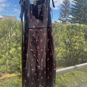 Francesca's Collections Black Floral Midi Dress with Red Pink Accents